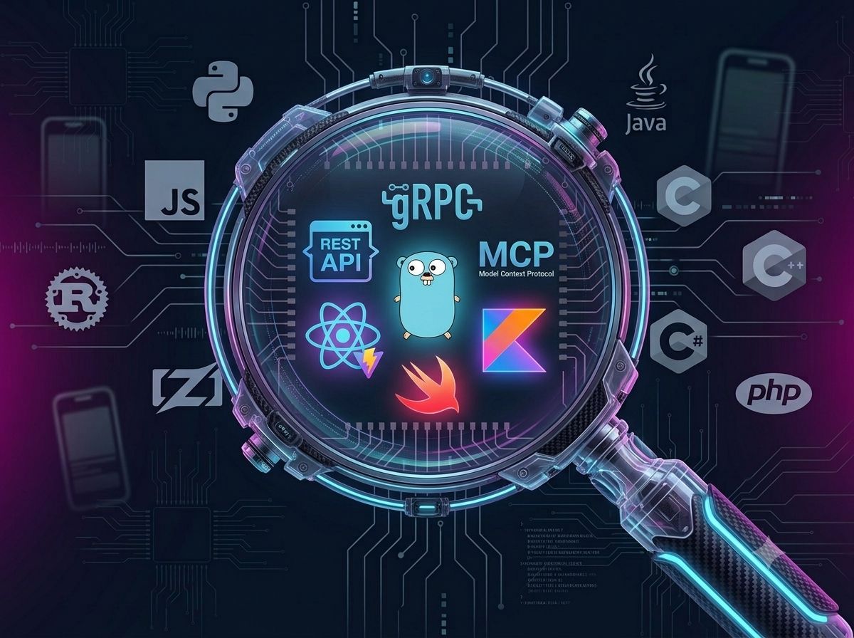 Golang, React, Swift, Kotlin, MCP logos in magnifying glass with additional programming languages logos outside of it.