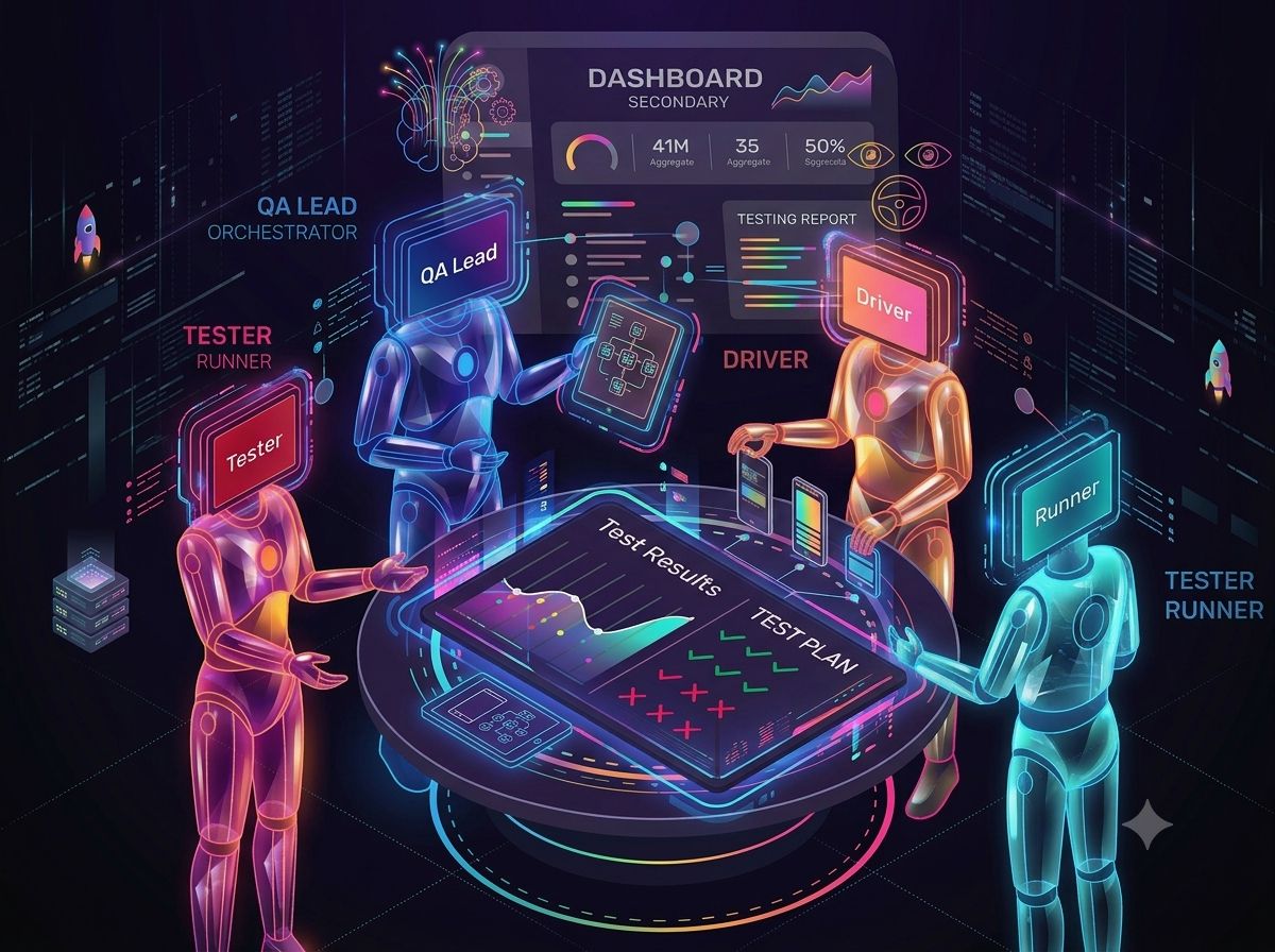 Four humanoids standing around a round table acting as a QA team.